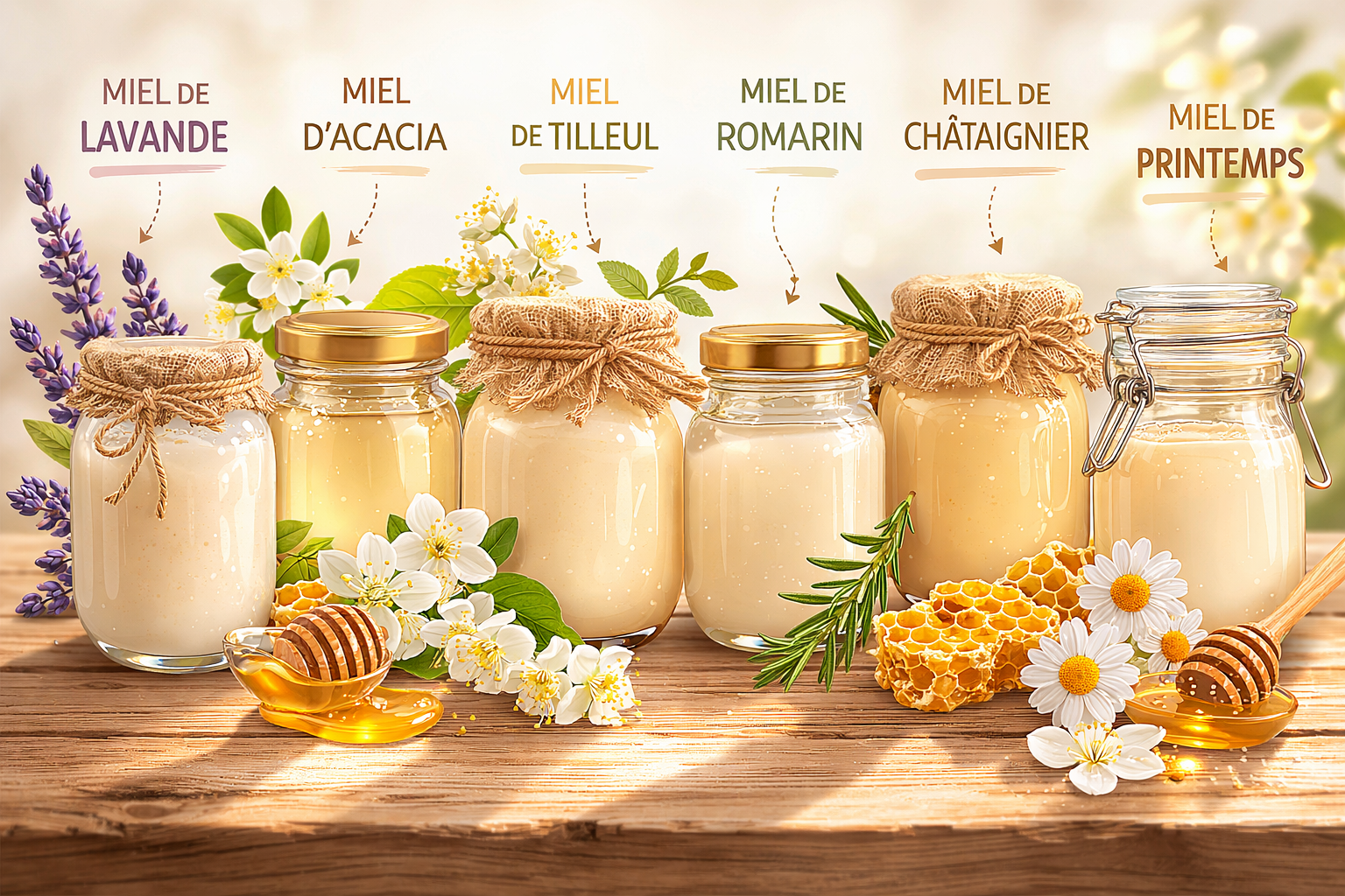 variétés de miels crémeux pots verre acacia romarin printemps