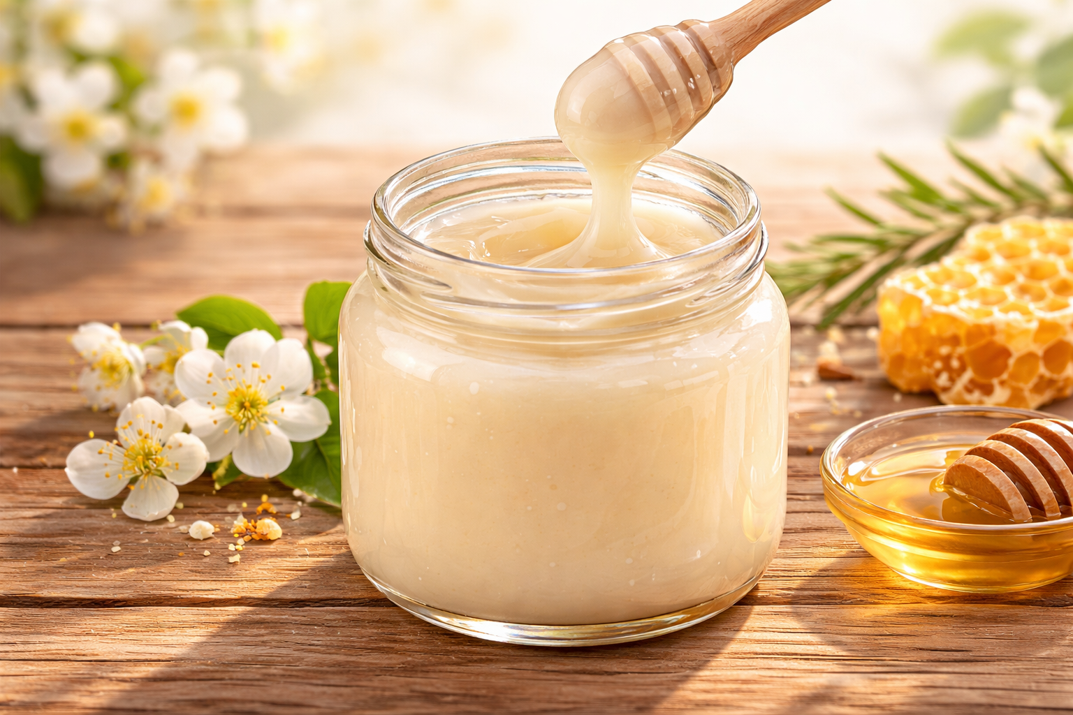 pot miel blanc crémeux cuillère bois fleurs blanches rayon miel