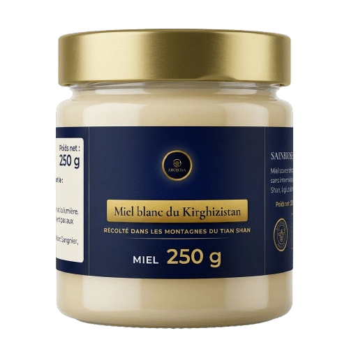 Pot de 250 g de miel blanc du Kirghizistan Sainbiose